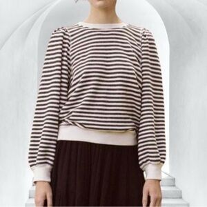 THE GREAT. Black and White Striped Sweatshirt with Balloon Sleeves
